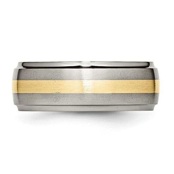 Kazi Luxury Titanium Brushed Center 14k Yellow Gold Inlay 8mm Ridged Edge B&